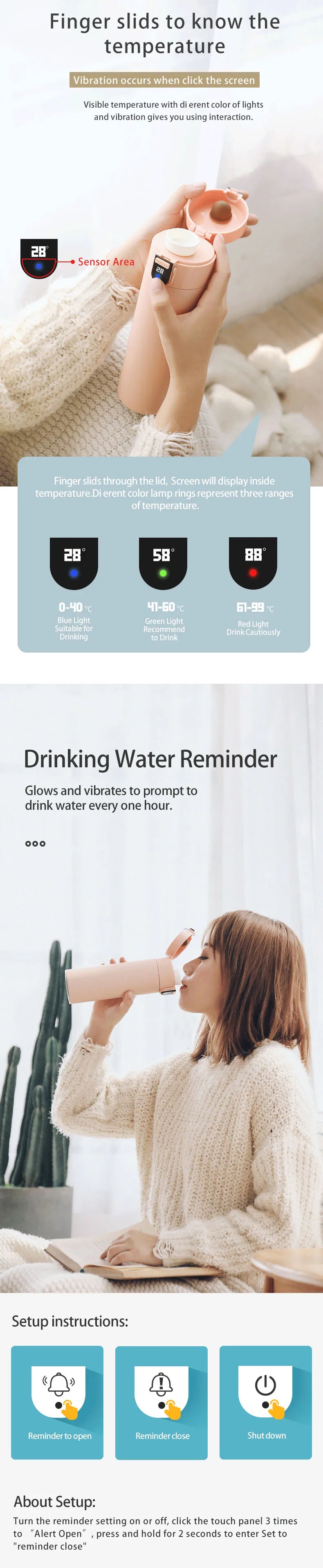 Smart Water Bottle with Temperature Display, Vacuum Bottle, USB Charging Thermos, 12H Hot Cup, 320ml Drinking Reminder, Insulate