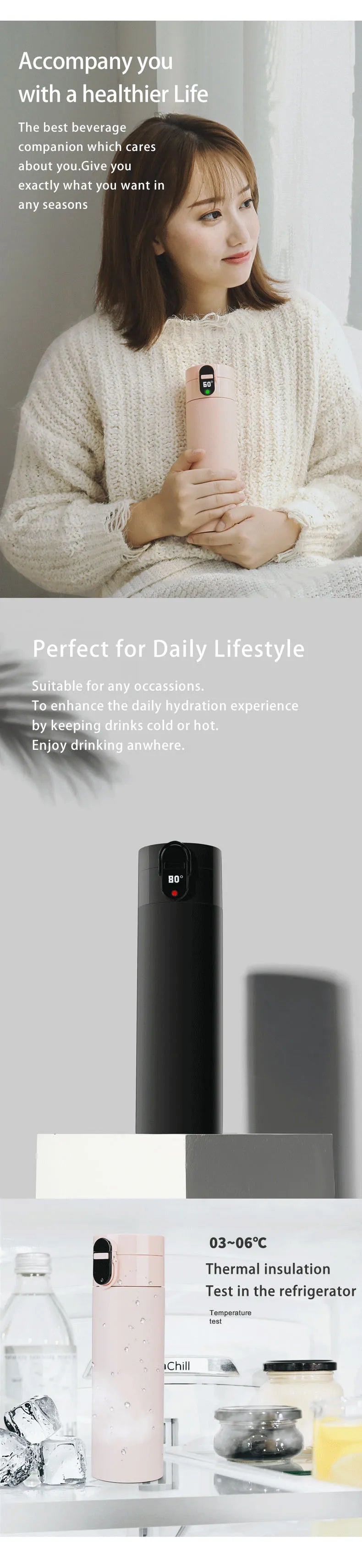 Smart Water Bottle with Temperature Display, Vacuum Bottle, USB Charging Thermos, 12H Hot Cup, 320ml Drinking Reminder, Insulate