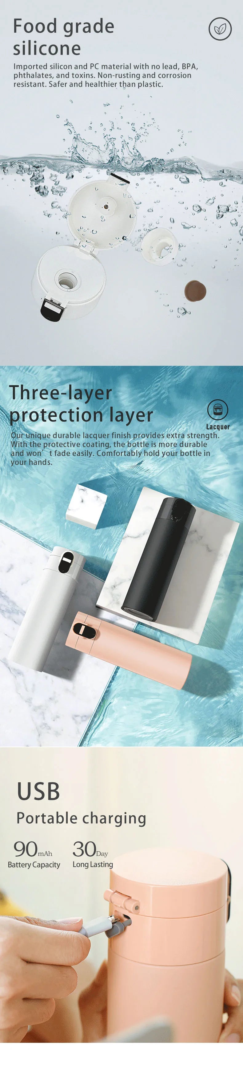 Smart Water Bottle with Temperature Display, Vacuum Bottle, USB Charging Thermos, 12H Hot Cup, 320ml Drinking Reminder, Insulate