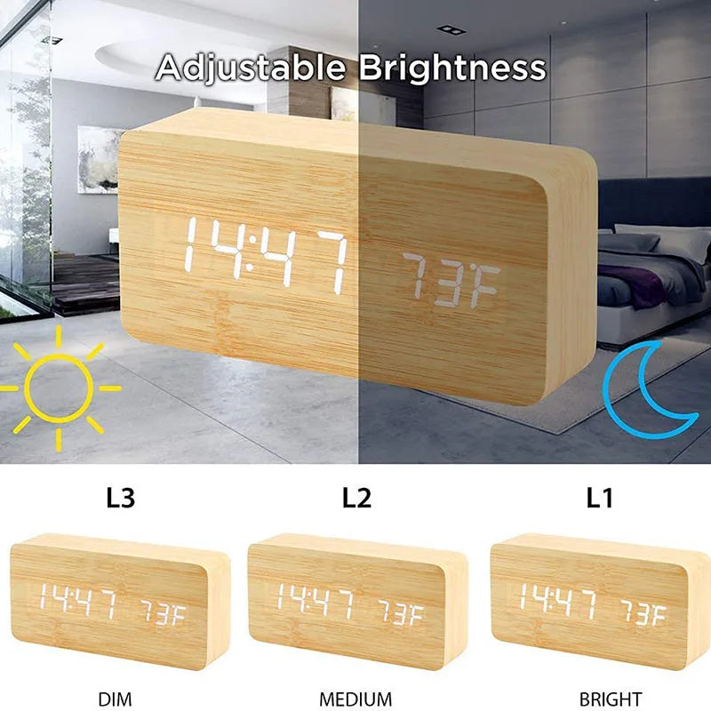 Wooden Digital Alarm Clock, LED Alarm Clock with Temperature Desk Clocks for Office,Bedside Clock