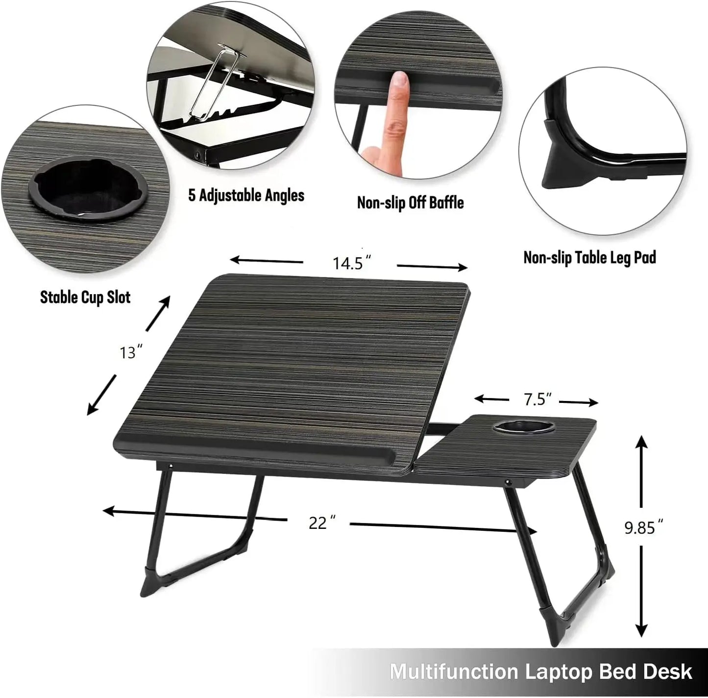 Work/Study in Bed Comfortably Adjustable & Foldable Lap Desk with Cup Holder, Ventilated Design Prevents Overheating.