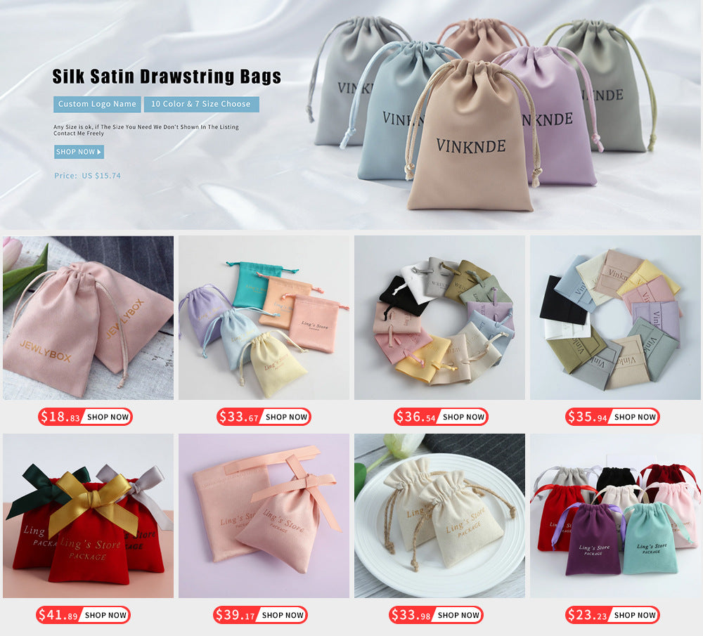 Custom Logo Lovely Paper Shopping Tote Jewelry Bag With Black Ribbon Gift Packaging Makeup Daily Use Carry Boutique Handle Pouch