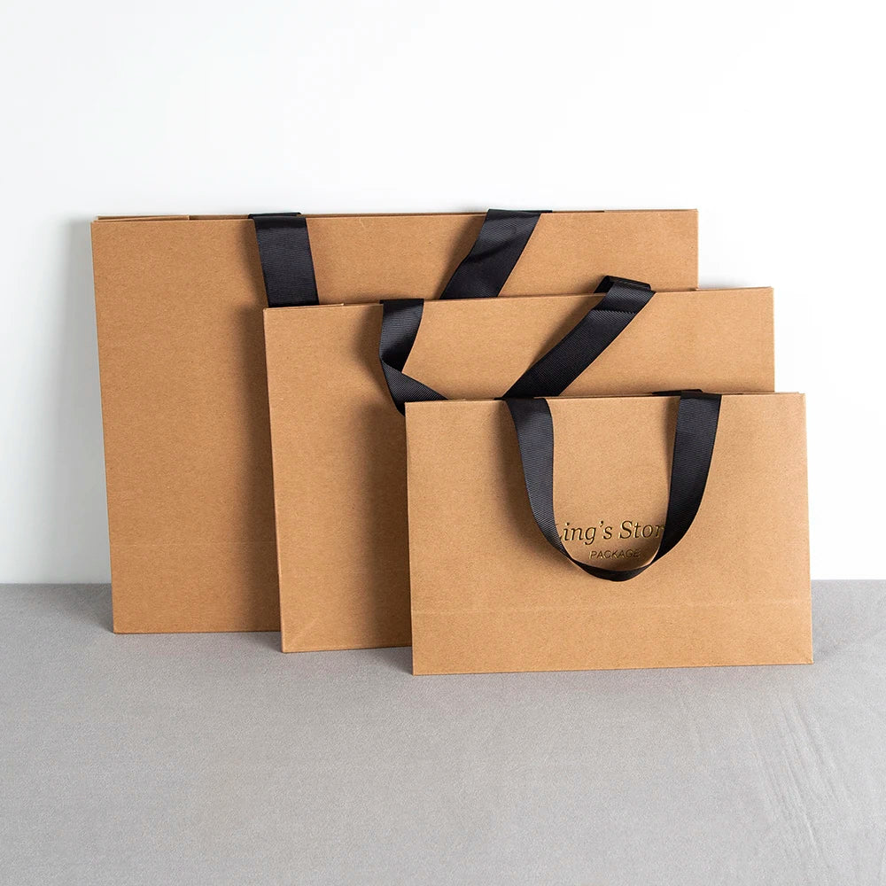 Custom Logo Lovely Paper Shopping Tote Jewelry Bag With Black Ribbon Gift Packaging Makeup Daily Use Carry Boutique Handle Pouch