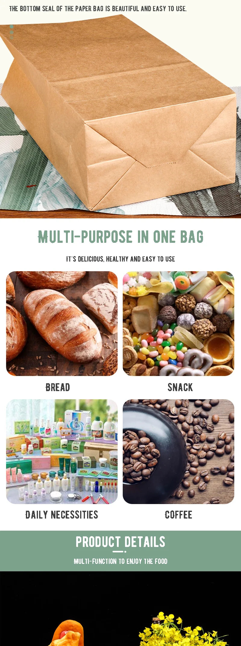 50/100pcs Brown kraft paper bags Standing paper bags Bread snack bags Holiday gift bags Food packaging bags can be wholesale