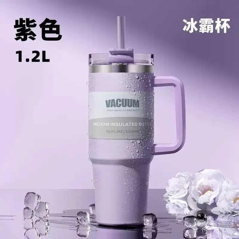 40 oz stainless steel travel mug with straw, keeps drinks hot or cold, perfect for car use