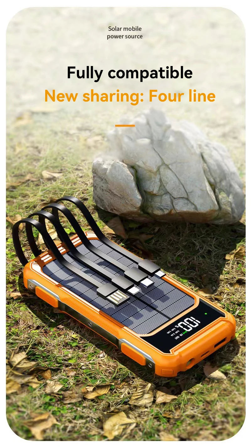 Solar Power Bank Portable 100000mAh Large Capacity Charger Fast Charging With Four Cables LED Lights Digital Display For Phones