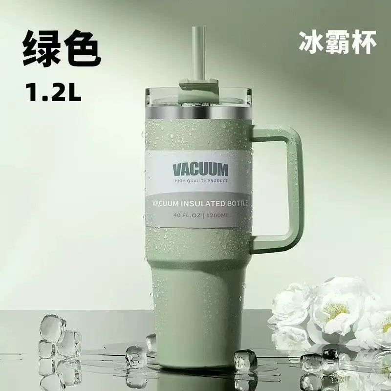 40 oz stainless steel travel mug with straw, keeps drinks hot or cold, perfect for car use