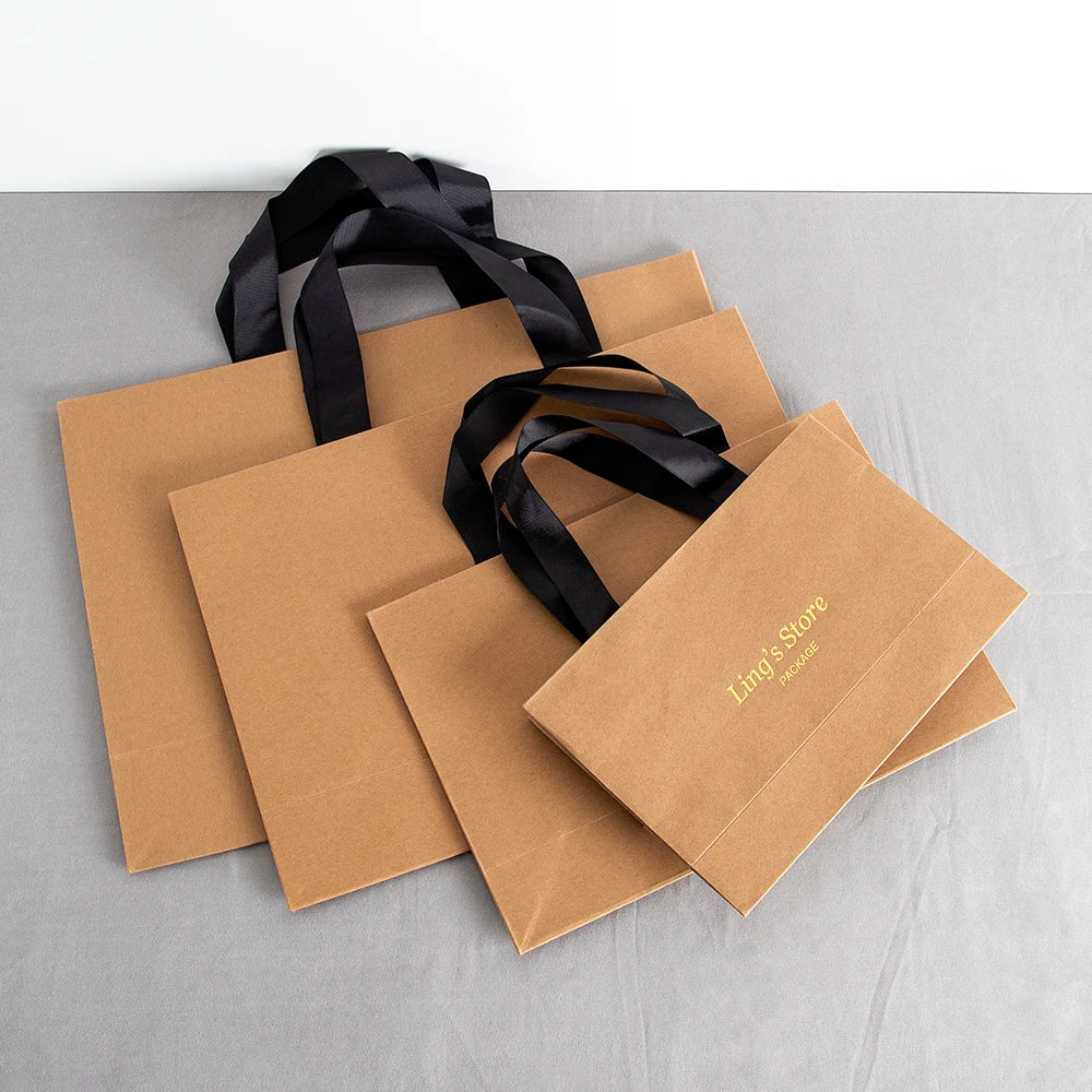 Custom Logo Lovely Paper Shopping Tote Jewelry Bag With Black Ribbon Gift Packaging Makeup Daily Use Carry Boutique Handle Pouch
