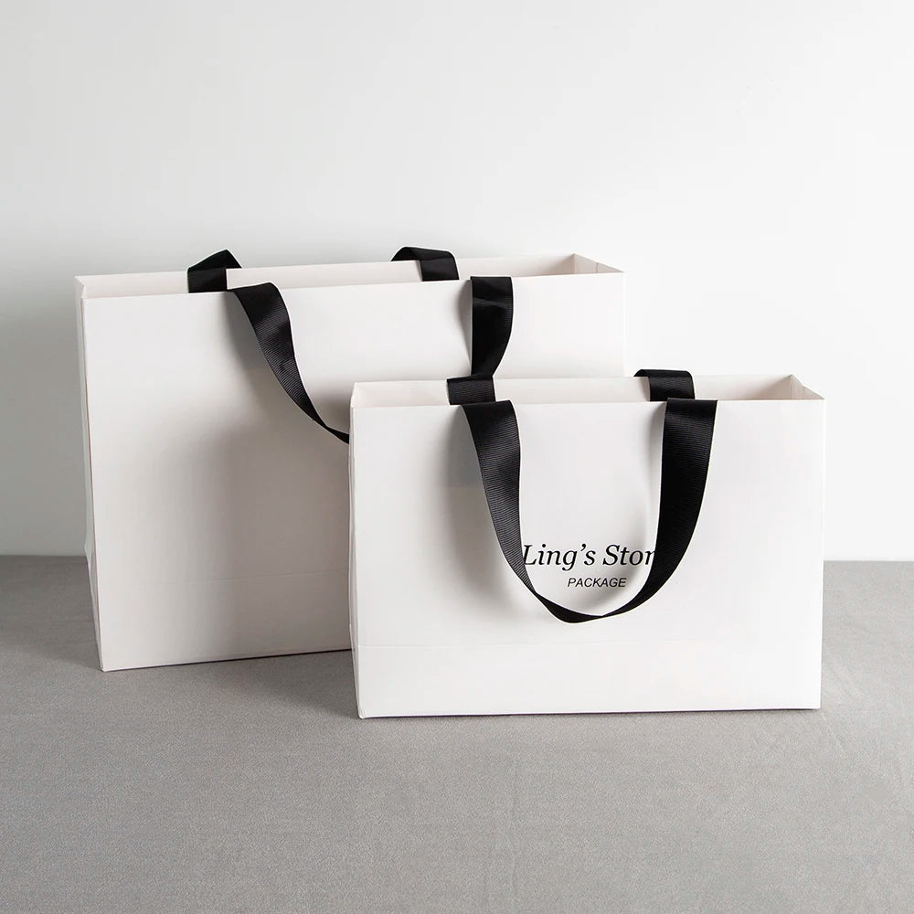 Custom Logo Lovely Paper Shopping Tote Jewelry Bag With Black Ribbon Gift Packaging Makeup Daily Use Carry Boutique Handle Pouch