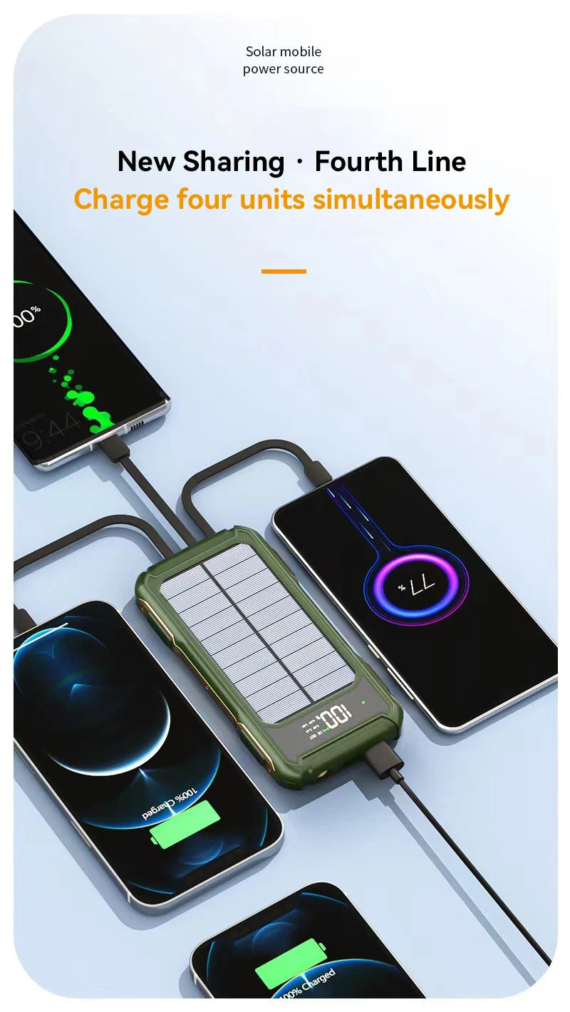 Solar Power Bank Portable 100000mAh Large Capacity Charger Fast Charging With Four Cables LED Lights Digital Display For Phones