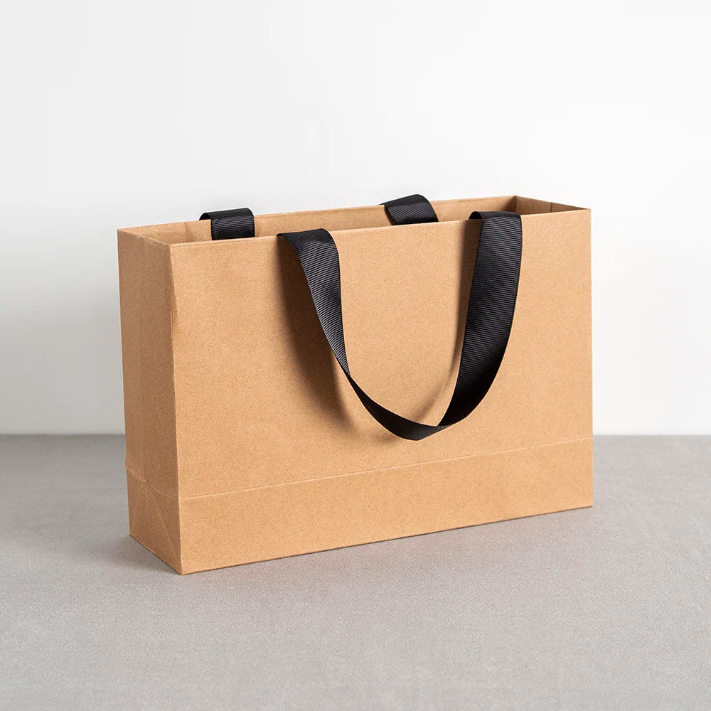 Custom Logo Lovely Paper Shopping Tote Jewelry Bag With Black Ribbon Gift Packaging Makeup Daily Use Carry Boutique Handle Pouch
