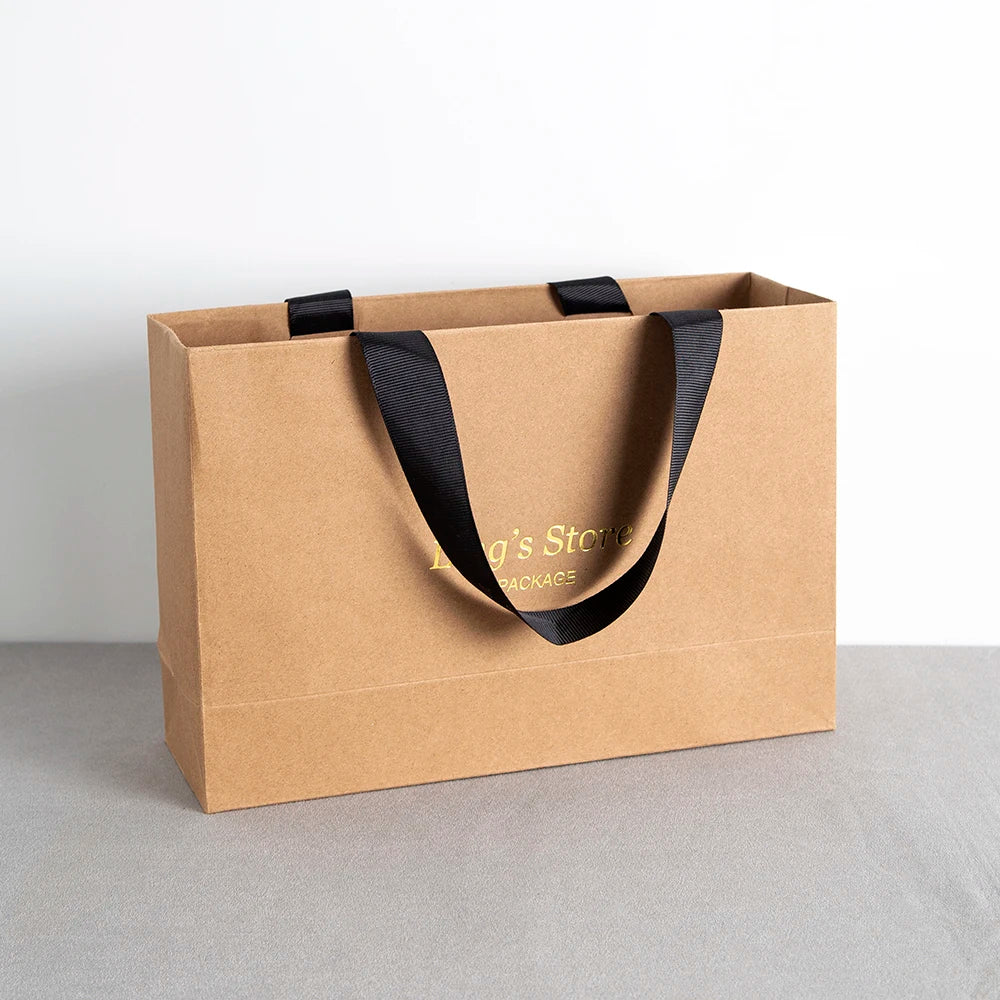 Custom Logo Lovely Paper Shopping Tote Jewelry Bag With Black Ribbon Gift Packaging Makeup Daily Use Carry Boutique Handle Pouch