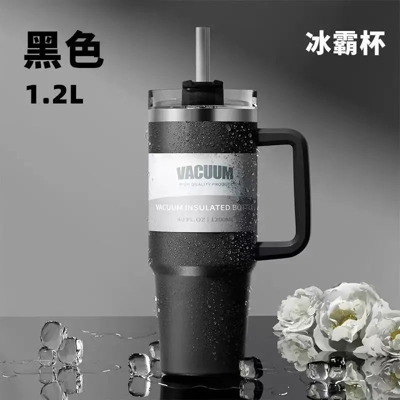 40 oz stainless steel travel mug with straw, keeps drinks hot or cold, perfect for car use