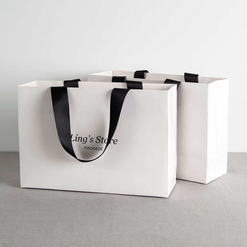 Custom Logo Lovely Paper Shopping Tote Jewelry Bag With Black Ribbon Gift Packaging Makeup Daily Use Carry Boutique Handle Pouch
