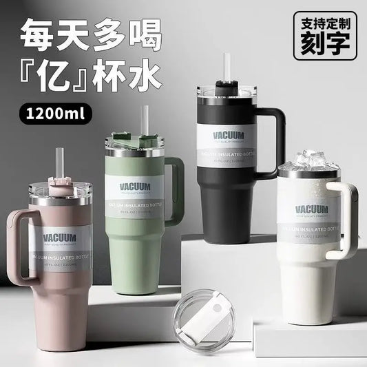 40 oz stainless steel travel mug with straw, keeps drinks hot or cold, perfect for car use