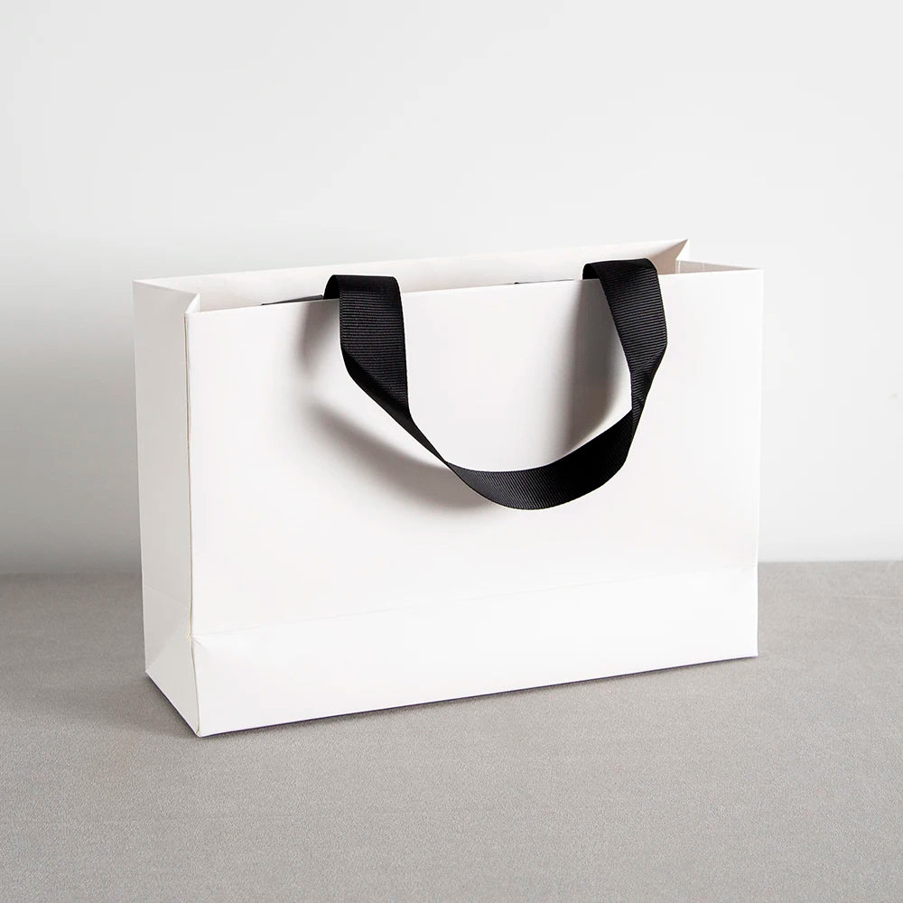 Custom Logo Lovely Paper Shopping Tote Jewelry Bag With Black Ribbon Gift Packaging Makeup Daily Use Carry Boutique Handle Pouch