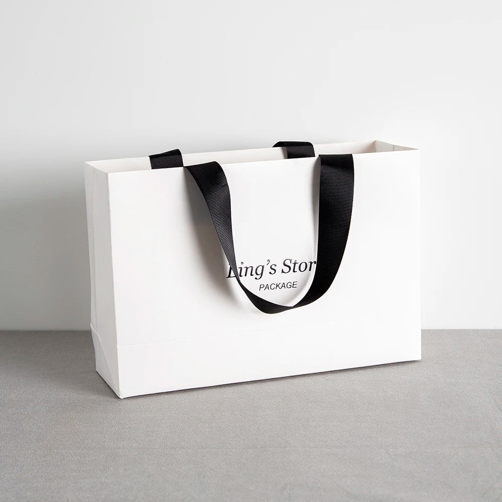 Custom Logo Lovely Paper Shopping Tote Jewelry Bag With Black Ribbon Gift Packaging Makeup Daily Use Carry Boutique Handle Pouch