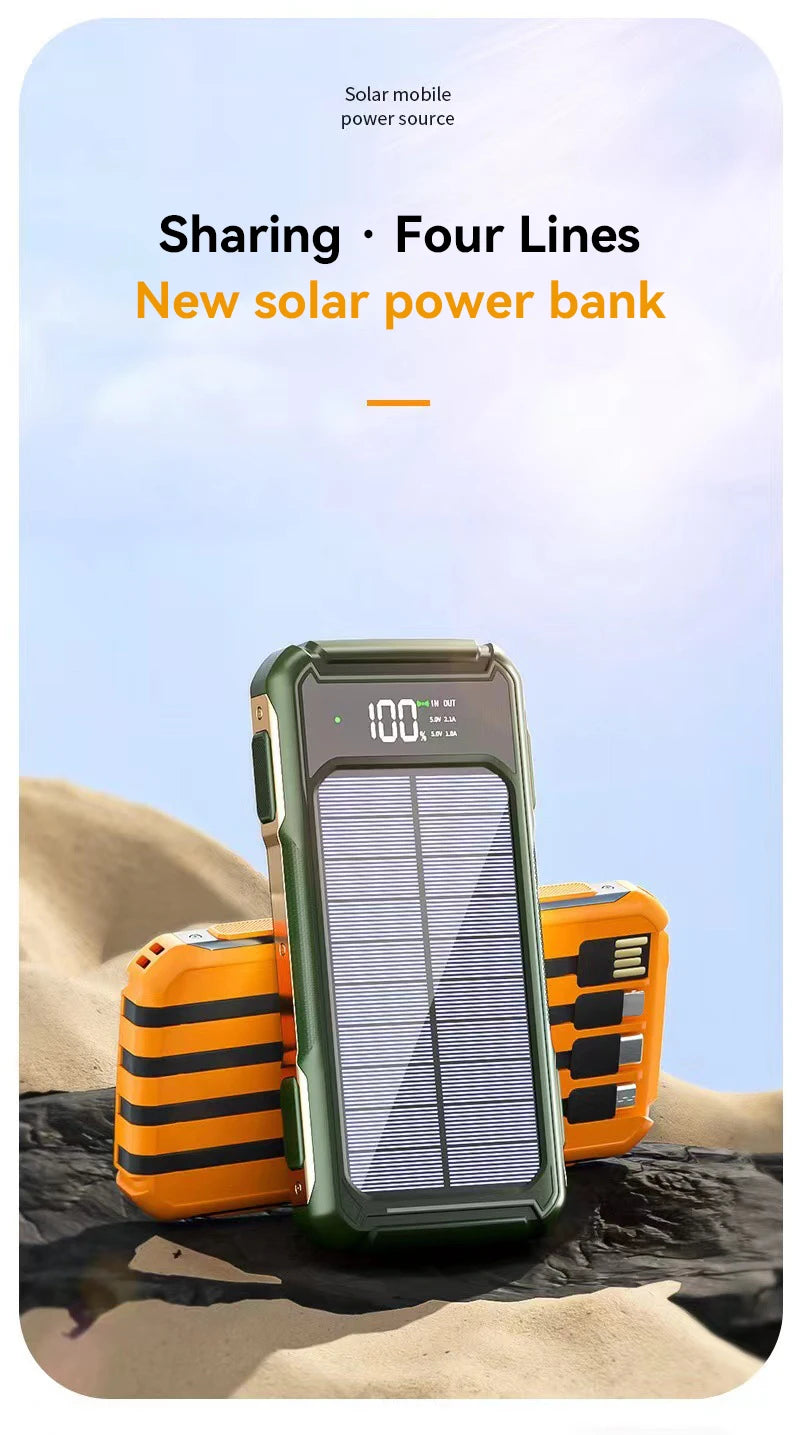 Solar Power Bank Portable 100000mAh Large Capacity Charger Fast Charging With Four Cables LED Lights Digital Display For Phones