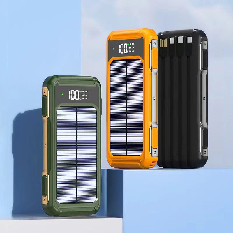 Solar Power Bank Portable 100000mAh Large Capacity Charger Fast Charging With Four Cables LED Lights Digital Display For Phones