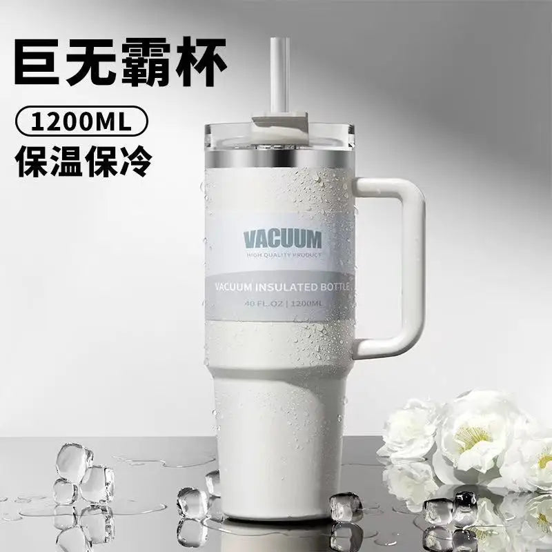 40 oz stainless steel travel mug with straw, keeps drinks hot or cold, perfect for car use