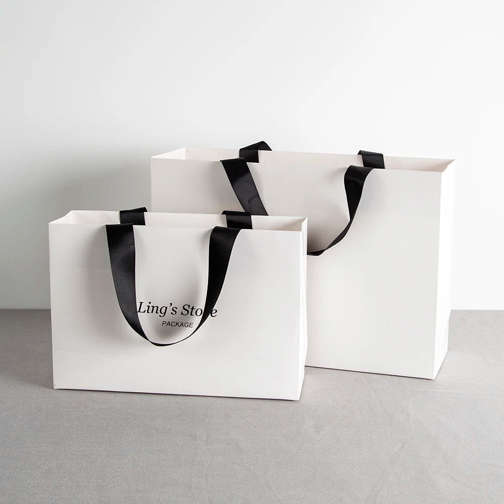 Custom Logo Lovely Paper Shopping Tote Jewelry Bag With Black Ribbon Gift Packaging Makeup Daily Use Carry Boutique Handle Pouch