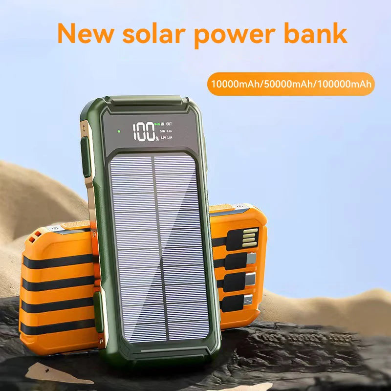 Solar Power Bank Portable 100000mAh Large Capacity Charger Fast Charging With Four Cables LED Lights Digital Display For Phones