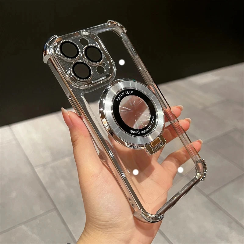 Wireless Charging Magsafe Ring Bracket Case For iPhone 11 12 13 14 15 16 Pro Max Plus X XR XS Transparent Magnetic Bumper Cover