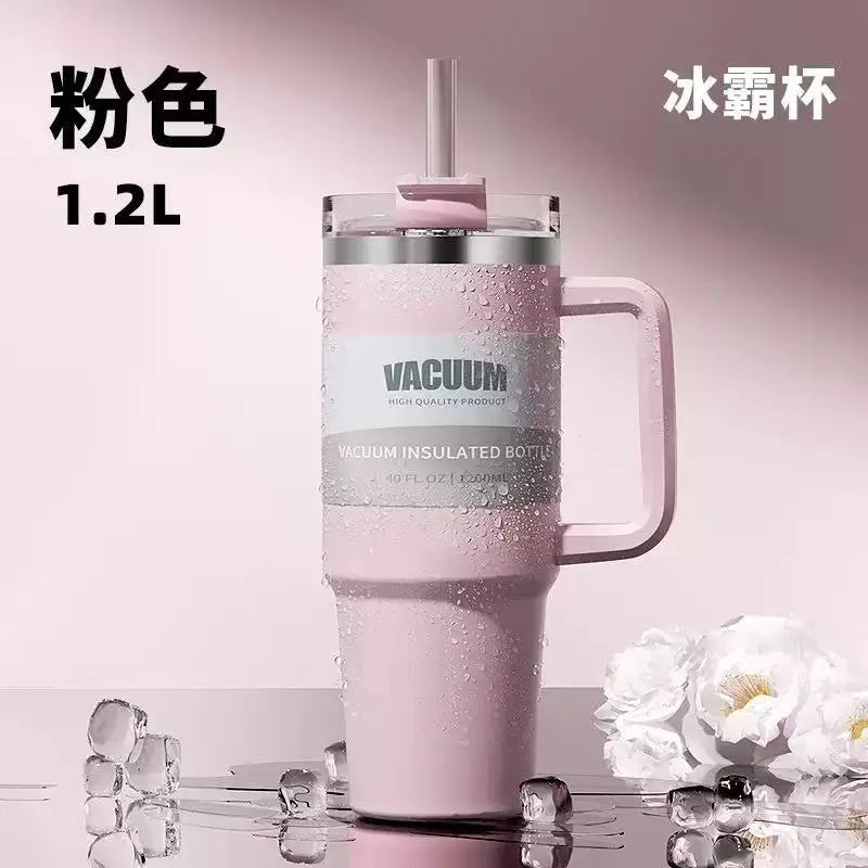 40 oz stainless steel travel mug with straw, keeps drinks hot or cold, perfect for car use