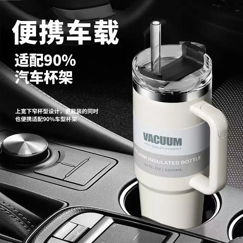 40 oz stainless steel travel mug with straw, keeps drinks hot or cold, perfect for car use