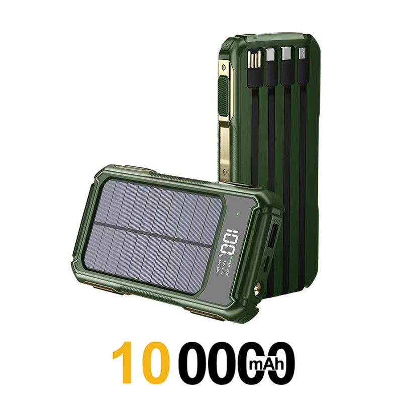 Solar Power Bank Portable 100000mAh Large Capacity Charger Fast Charging With Four Cables LED Lights Digital Display For Phones
