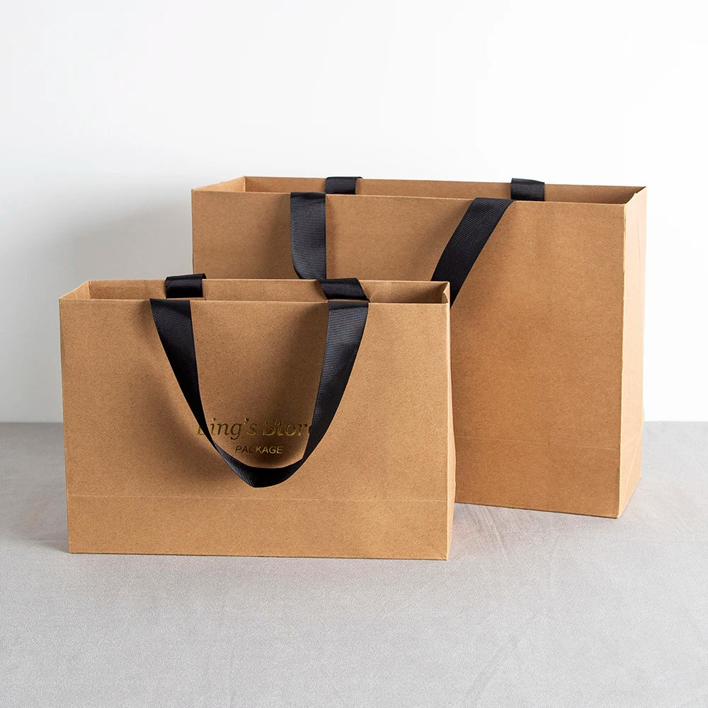 Custom Logo Lovely Paper Shopping Tote Jewelry Bag With Black Ribbon Gift Packaging Makeup Daily Use Carry Boutique Handle Pouch