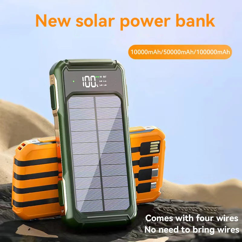Solar Power Bank Portable 100000mAh Large Capacity Charger Fast Charging With Four Cables LED Lights Digital Display For Phones