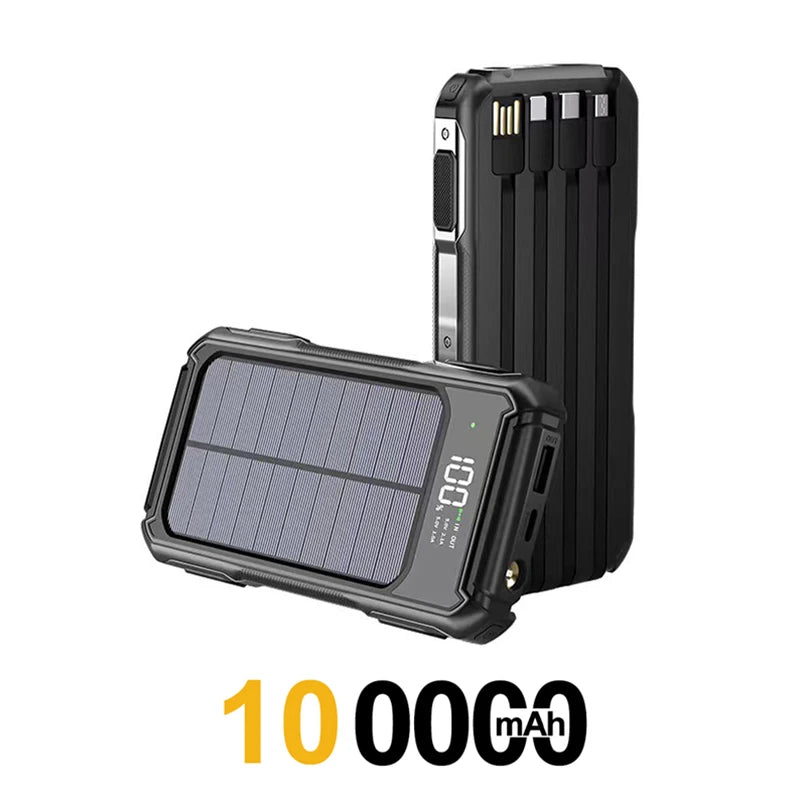 Solar Power Bank Portable 100000mAh Large Capacity Charger Fast Charging With Four Cables LED Lights Digital Display For Phones