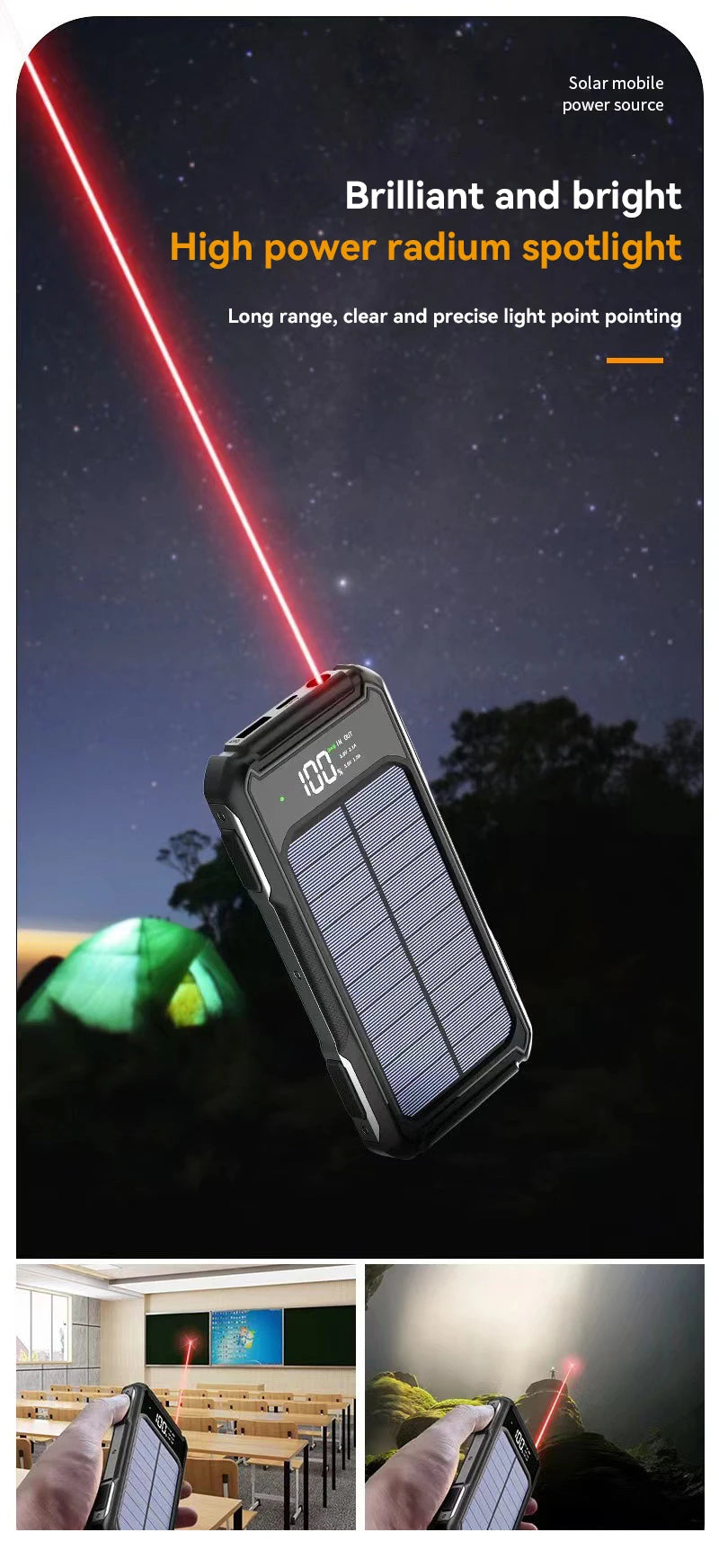 Solar Power Bank Portable 100000mAh Large Capacity Charger Fast Charging With Four Cables LED Lights Digital Display For Phones