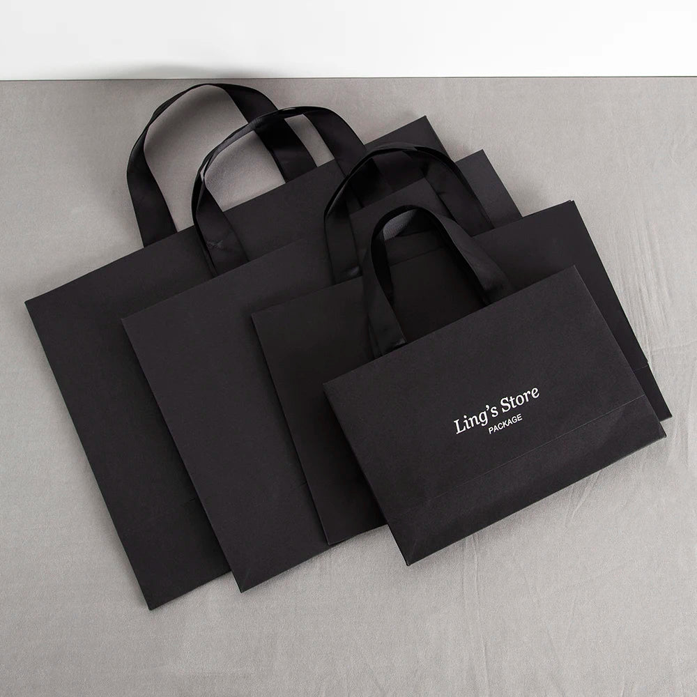 Custom Logo Lovely Paper Shopping Tote Jewelry Bag With Black Ribbon Gift Packaging Makeup Daily Use Carry Boutique Handle Pouch