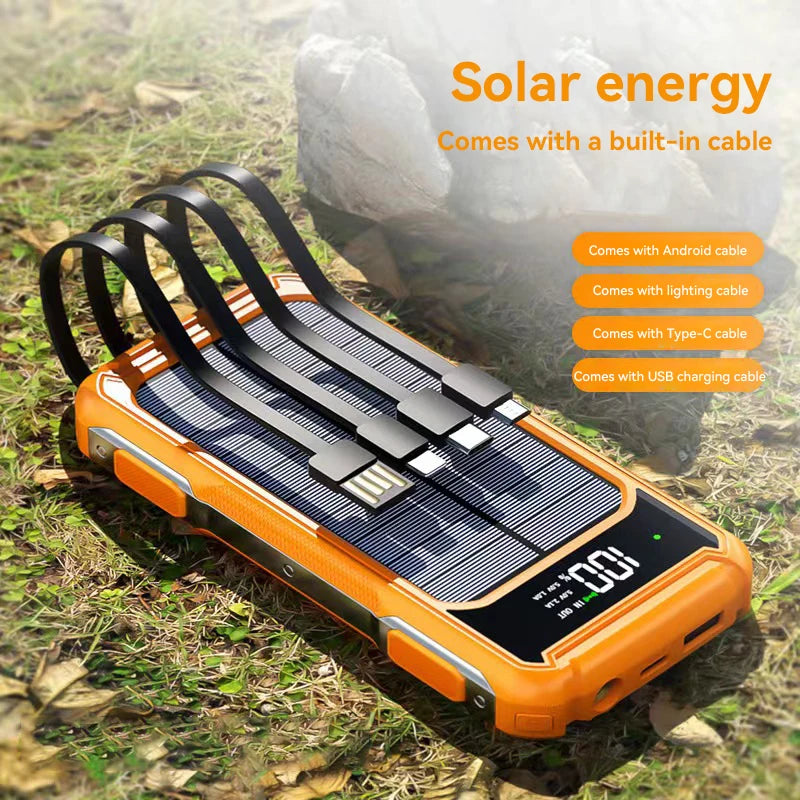 Solar Power Bank Portable 100000mAh Large Capacity Charger Fast Charging With Four Cables LED Lights Digital Display For Phones