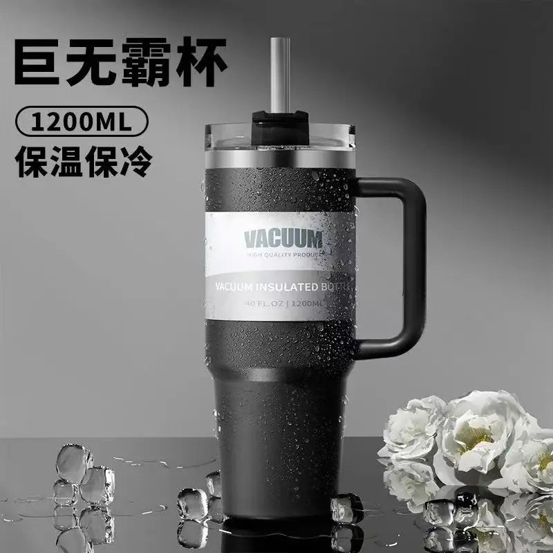 40 oz stainless steel travel mug with straw, keeps drinks hot or cold, perfect for car use