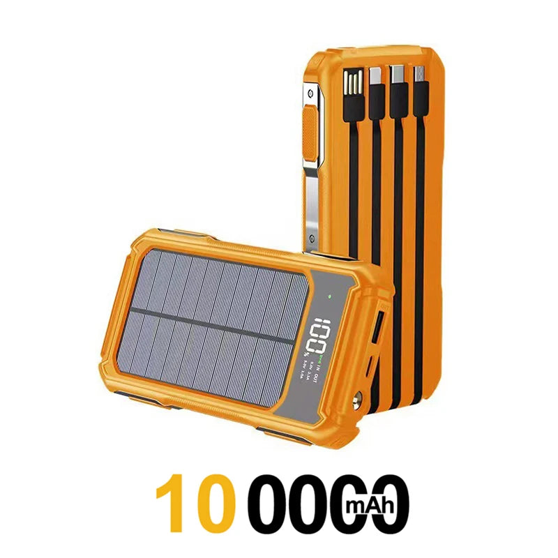 Solar Power Bank Portable 100000mAh Large Capacity Charger Fast Charging With Four Cables LED Lights Digital Display For Phones