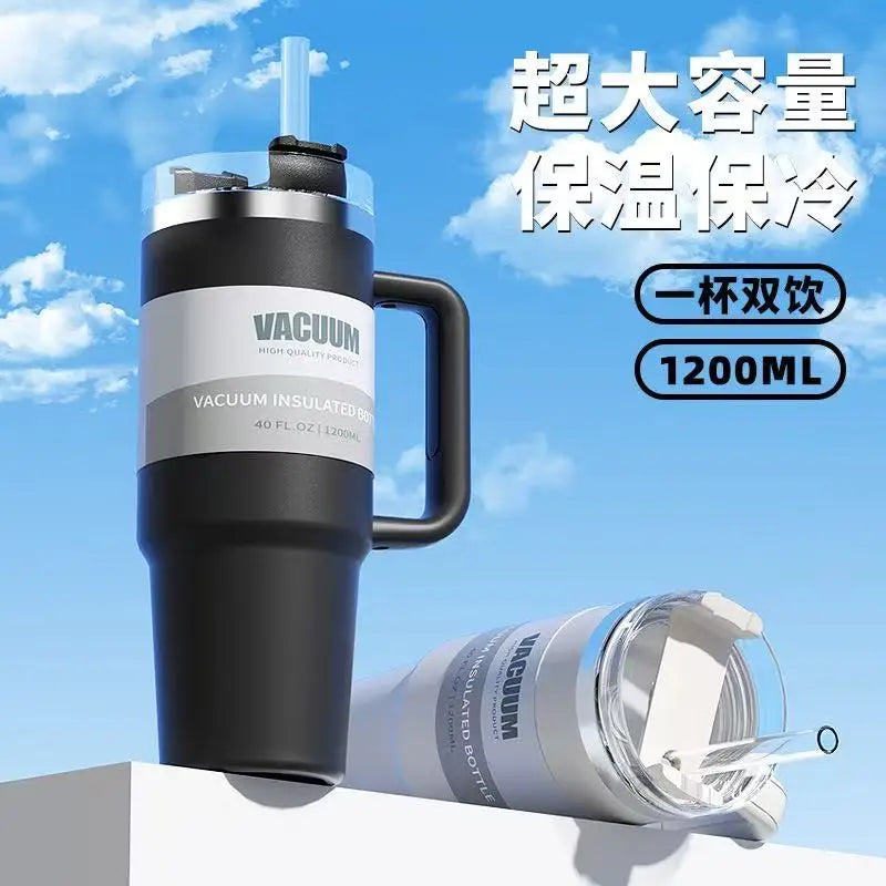 40 oz stainless steel travel mug with straw, keeps drinks hot or cold, perfect for car use