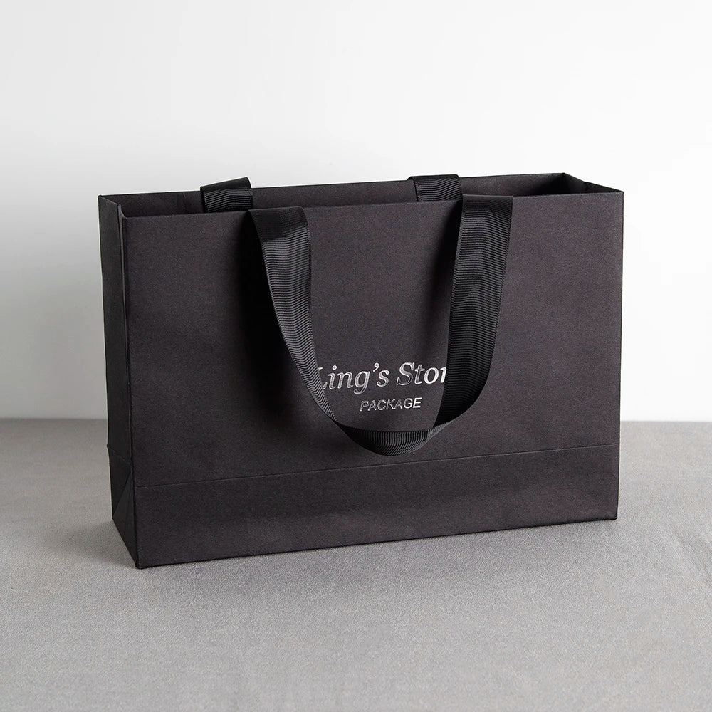 Custom Logo Lovely Paper Shopping Tote Jewelry Bag With Black Ribbon Gift Packaging Makeup Daily Use Carry Boutique Handle Pouch