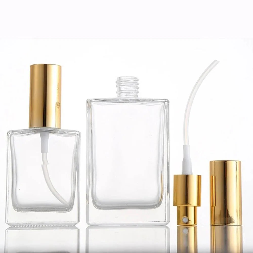 1X 3X Glass Perfume Spray Bottle 15ml 30ml 50ml 100ml Essential Oils Perfume Refill Bottle Atomizer Refillable Flat Clear Jar
