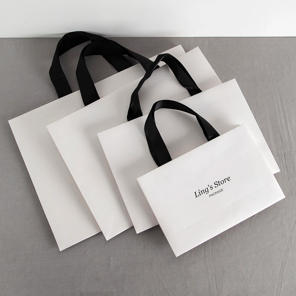 Custom Logo Lovely Paper Shopping Tote Jewelry Bag With Black Ribbon Gift Packaging Makeup Daily Use Carry Boutique Handle Pouch