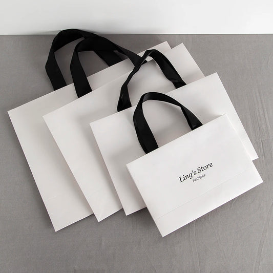 Custom Logo Lovely Paper Shopping Tote Jewelry Bag With Black Ribbon Gift Packaging Makeup Daily Use Carry Boutique Handle Pouch