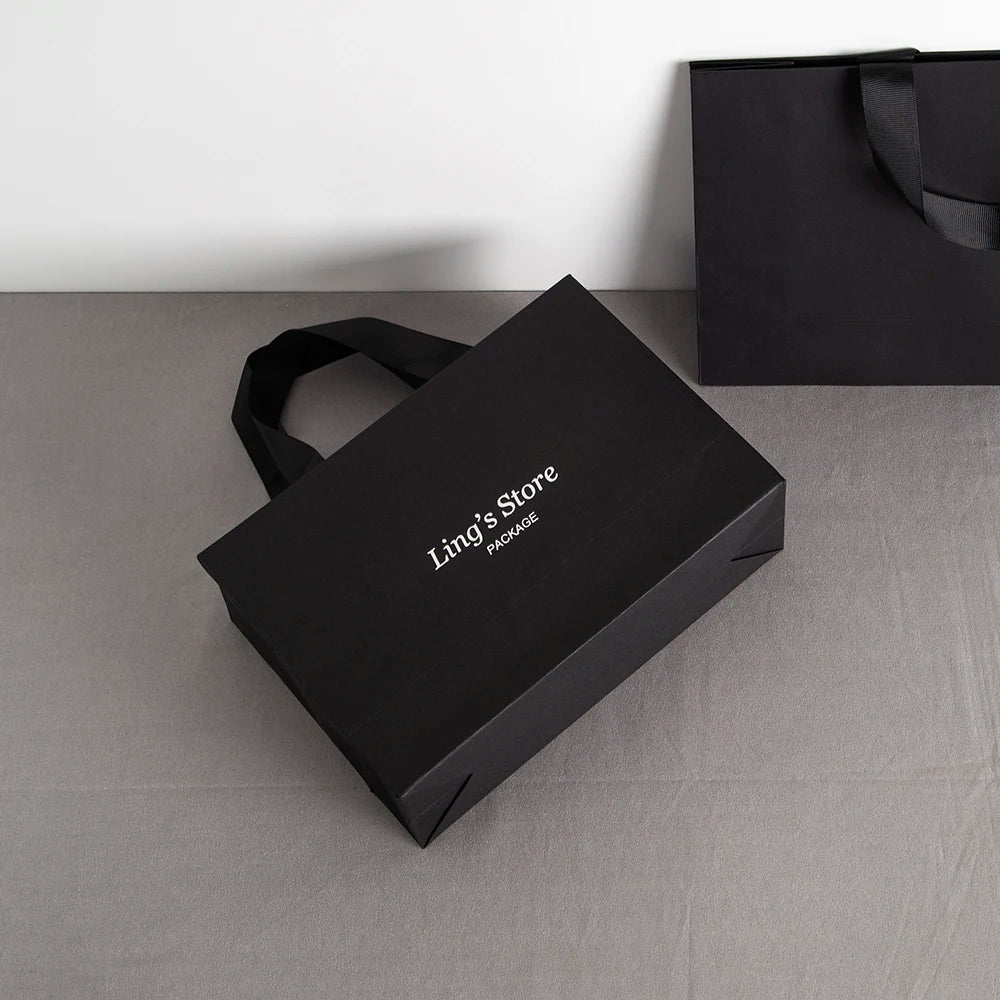 Custom Logo Lovely Paper Shopping Tote Jewelry Bag With Black Ribbon Gift Packaging Makeup Daily Use Carry Boutique Handle Pouch