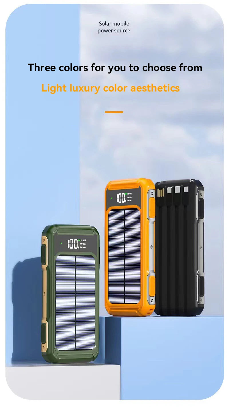 Solar Power Bank Portable 100000mAh Large Capacity Charger Fast Charging With Four Cables LED Lights Digital Display For Phones