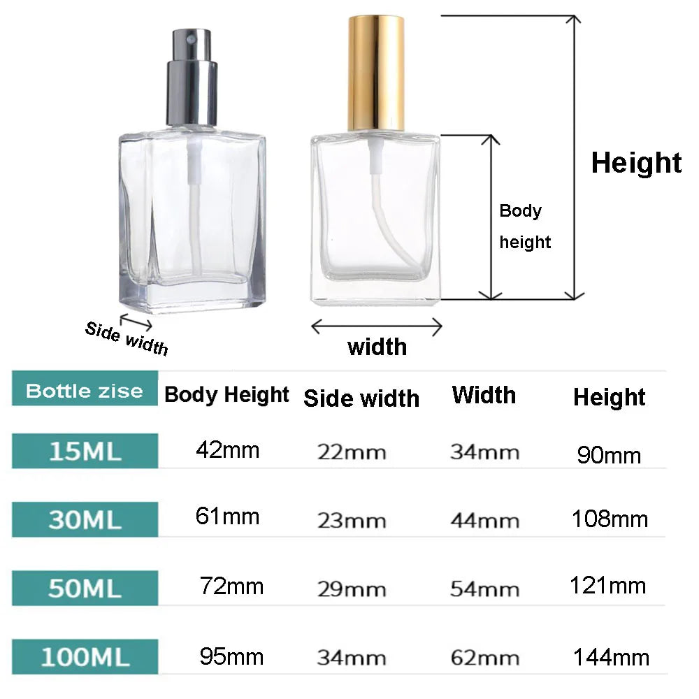 1X 3X Glass Perfume Spray Bottle 15ml 30ml 50ml 100ml Essential Oils Perfume Refill Bottle Atomizer Refillable Flat Clear Jar