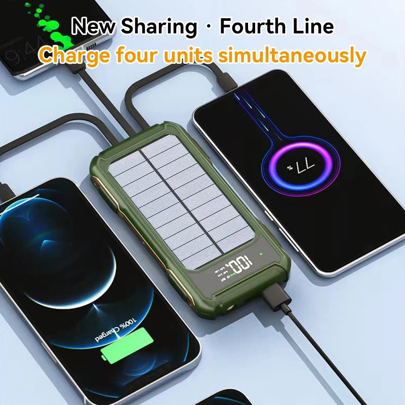 Solar Power Bank Portable 100000mAh Large Capacity Charger Fast Charging With Four Cables LED Lights Digital Display For Phones