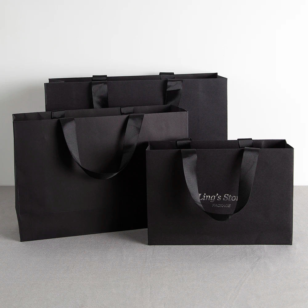 Custom Logo Lovely Paper Shopping Tote Jewelry Bag With Black Ribbon Gift Packaging Makeup Daily Use Carry Boutique Handle Pouch