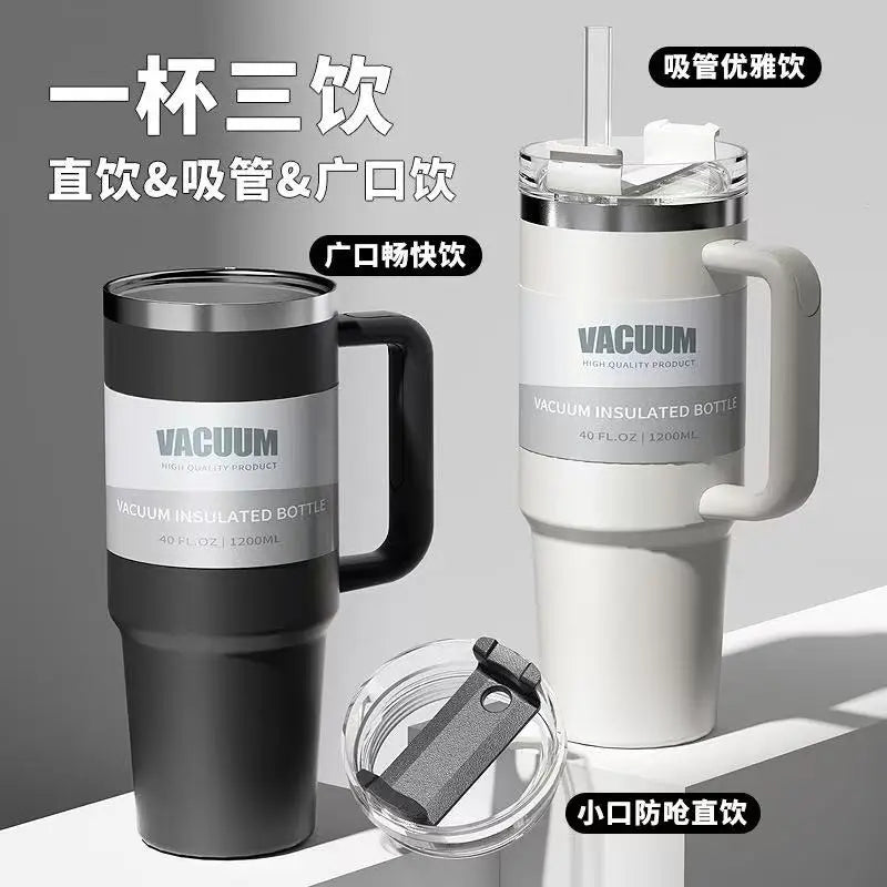 40 oz stainless steel travel mug with straw, keeps drinks hot or cold, perfect for car use